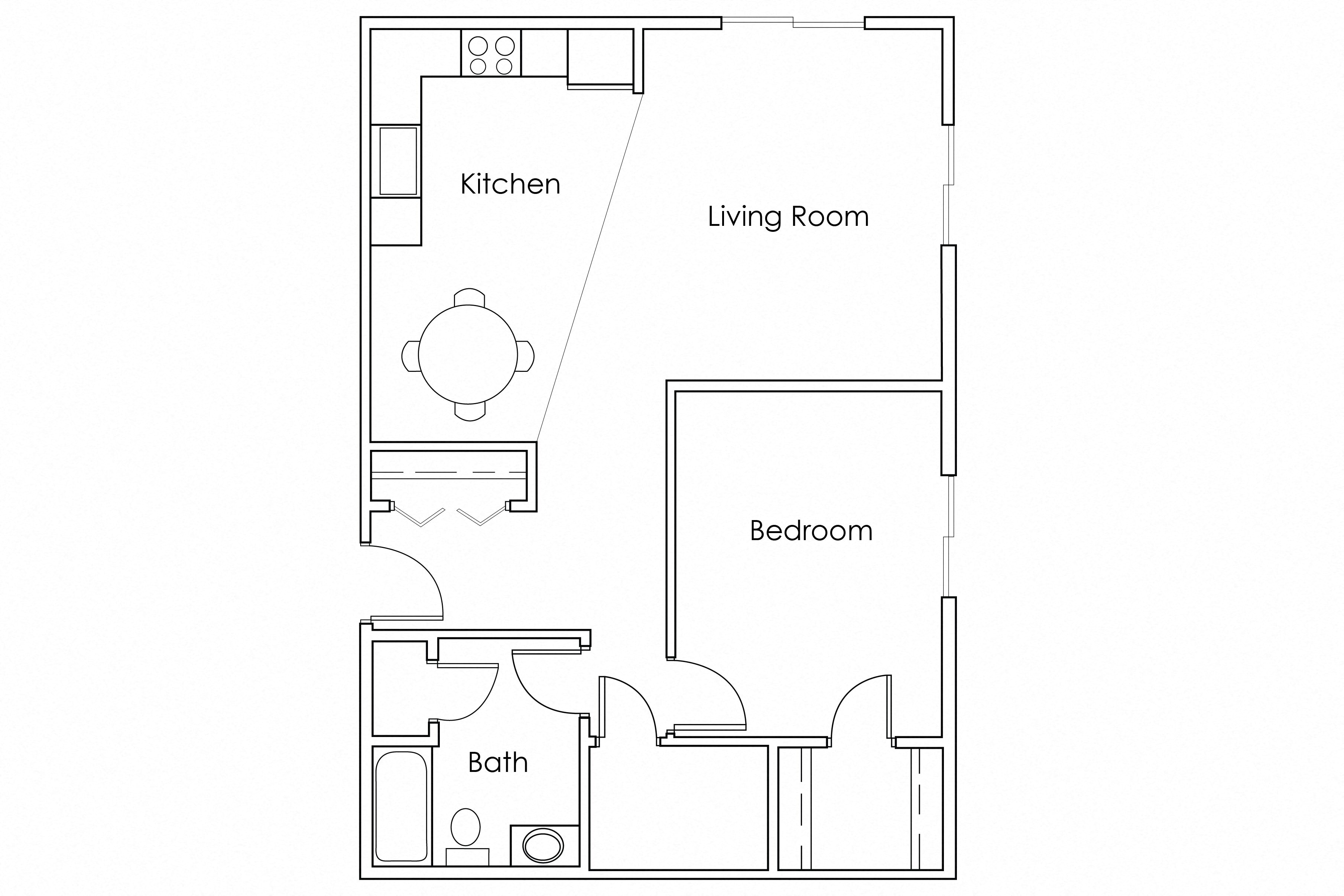 Floor plan for 1 bed, 1 bath, 780 sqft